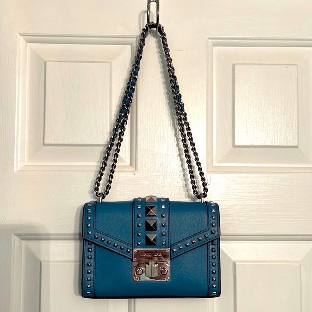 Michael Kors blue leather studded adjustable crossbody/shoulder bag